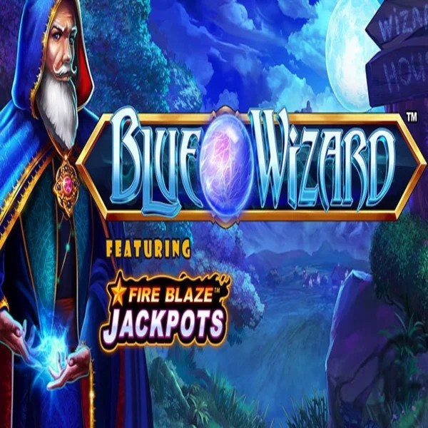 Blue Wizard Fire Blaze Jackpots logo by Rarestone Gaming at Fugu Casino